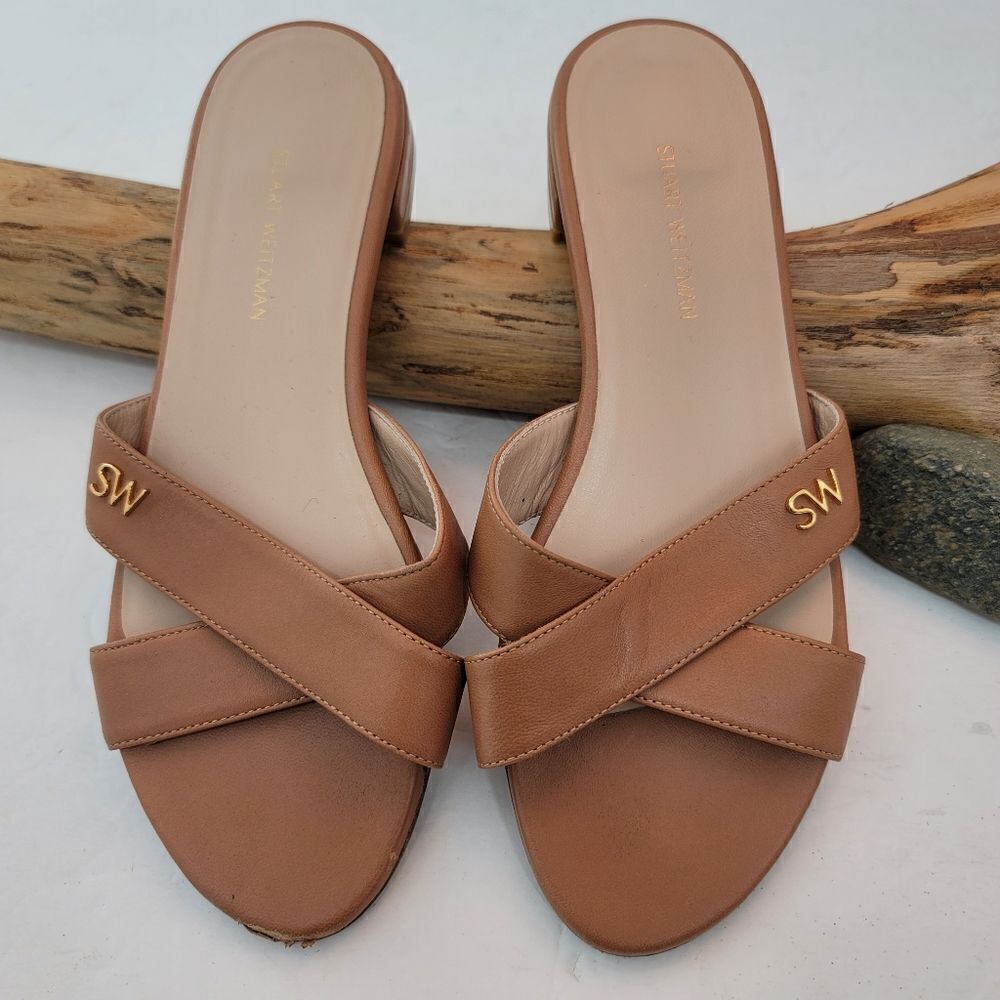 Stuart weitzman lunaria tan leather slides